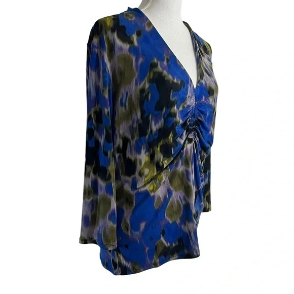 Premise Studio Blouse XL Abstract Watercolor Gathered Chest Stretch Colorful Top - Picture 2 of 8